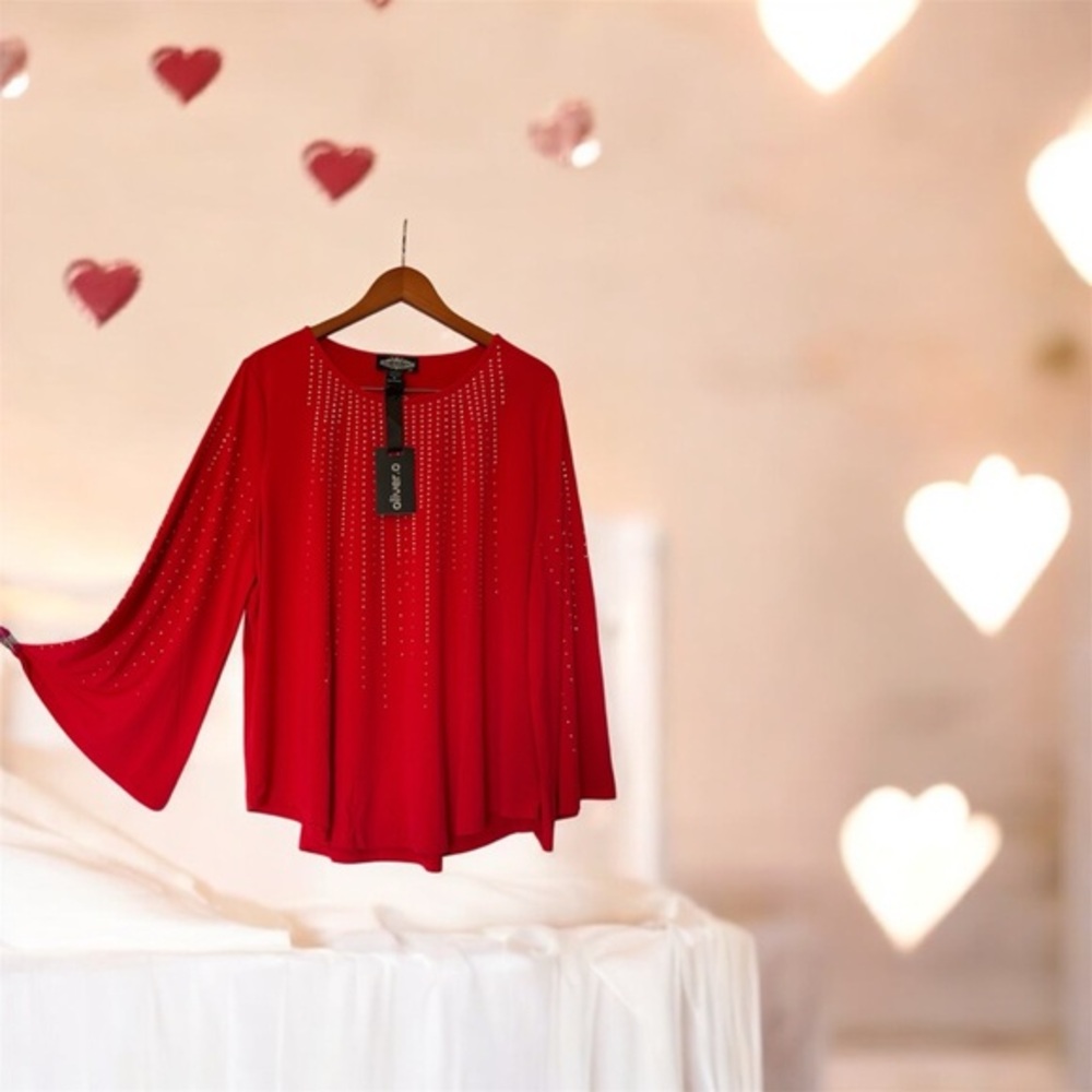 Oliver O. Plus Size 2X‎ Top Red Valentines Blouse With Angle Sleeves